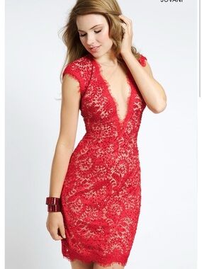 Jovani Red Lace Deep V Cap-Sleeve Mini Dress